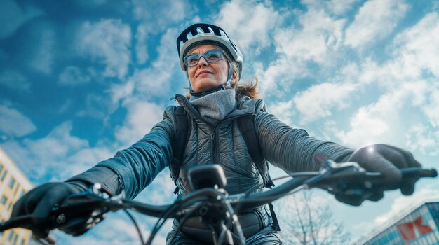 Photo a woman wearing a helmet is riding a bike with a sky background