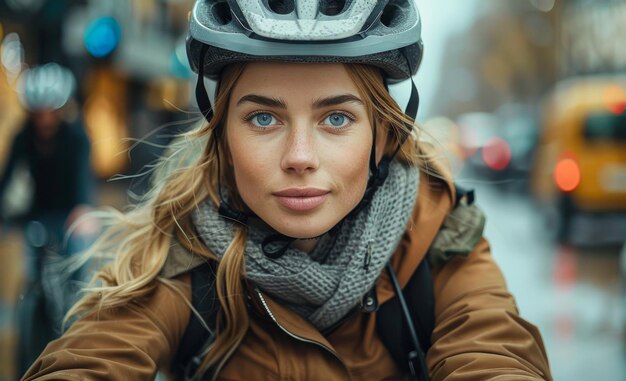 A woman wearing a helmet and scarf is standing in the rain