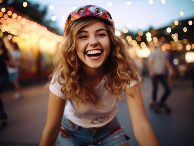 A woman wearing a helmet and smiling while riding a skateboard