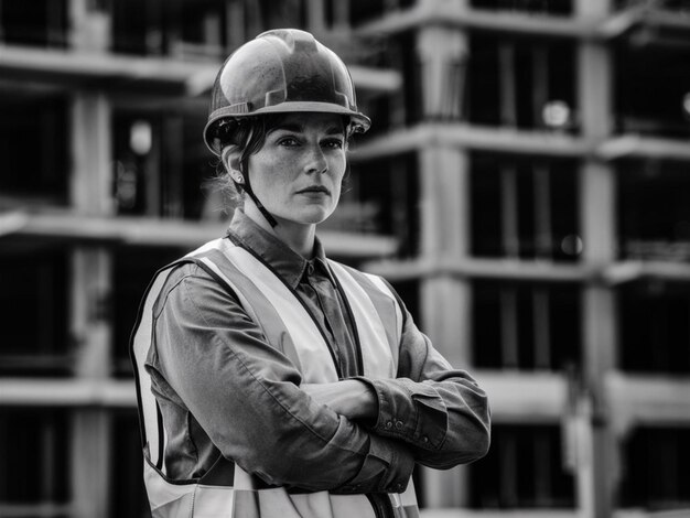 a woman wearing a helmet and vest stands in front of a building