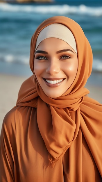 A woman wearing a hijab on the beach generative ai image