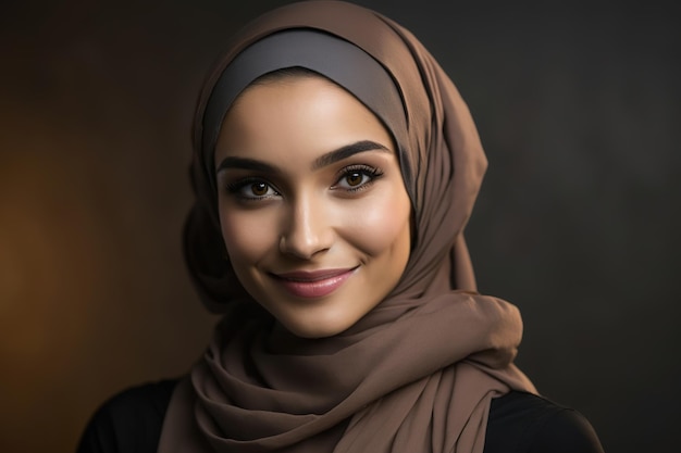 A woman wearing a hijab and a brown scarf smiles at the camera.