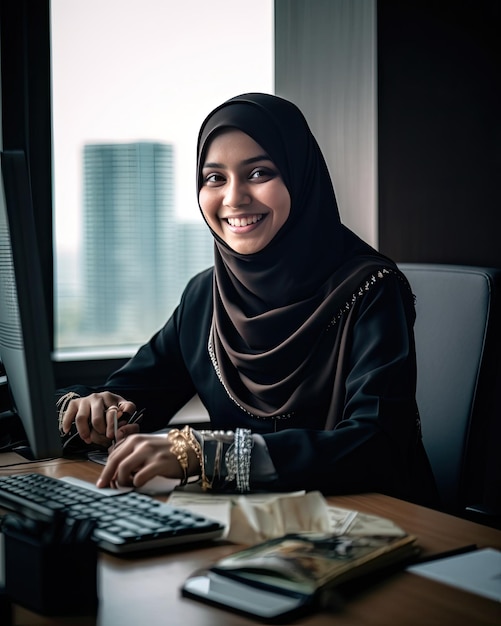 A woman wearing a hijab sitting at a desk in Generative Ai