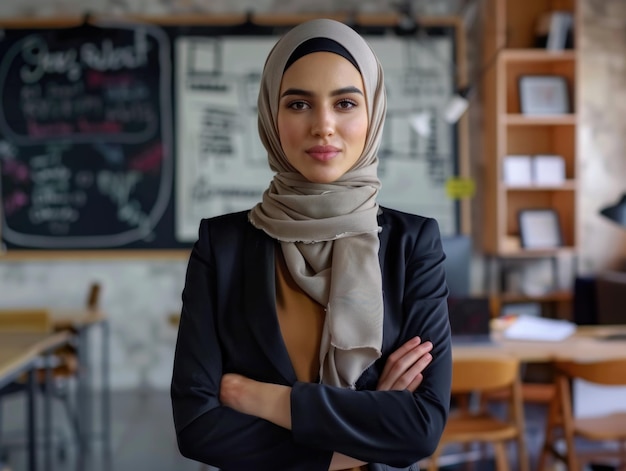 A woman wearing a hijab standing in front of a chalkboard with equations and diagrams