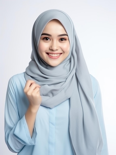 a woman wearing a hijab with a blue shirt on white background