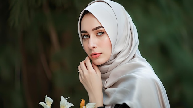 A woman wearing a hijab with a bouquet of flowers