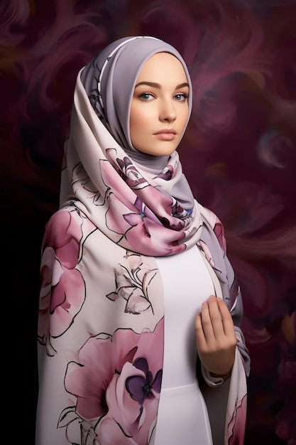 A woman wearing a hijab with a flower pattern on it