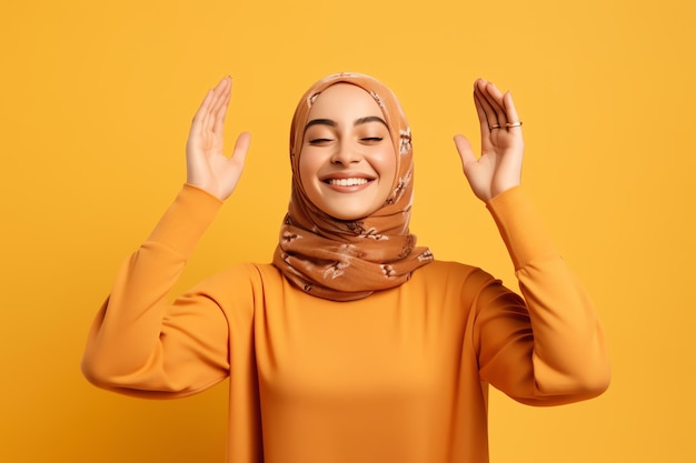 A woman wearing a hijab with her eyes closed and hands up in the air.