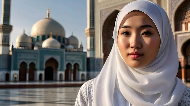 a woman wearing a hijab with a mosque in the background