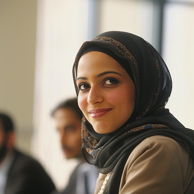 a woman wearing a hijab with a smile on her face