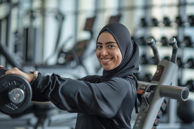 woman wearing hijab working out in gym in front of a weight rack using the barbell attachments