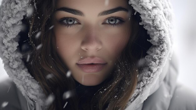 A woman wearing a hood in a snowy landscape