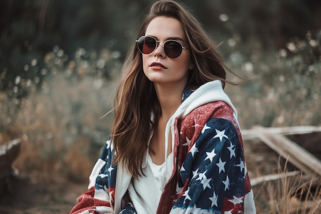 A woman wearing a hoodie that says'american flag'on it