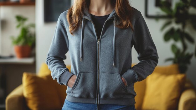 Photo a woman wearing a hoodie with her hands on her hips