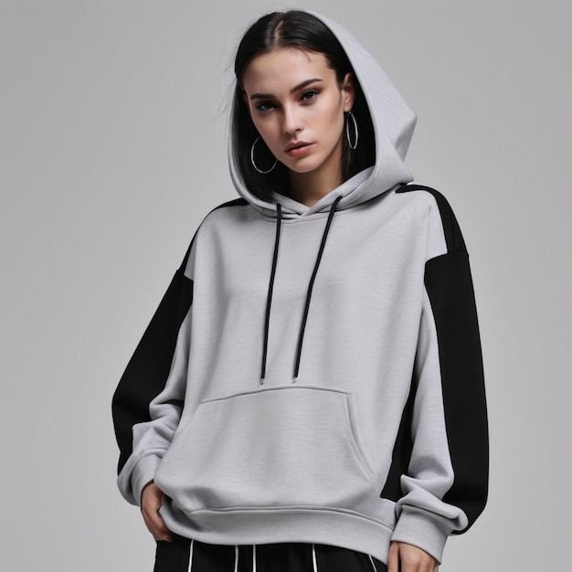 a woman wearing a hoodie with a hoodie on it