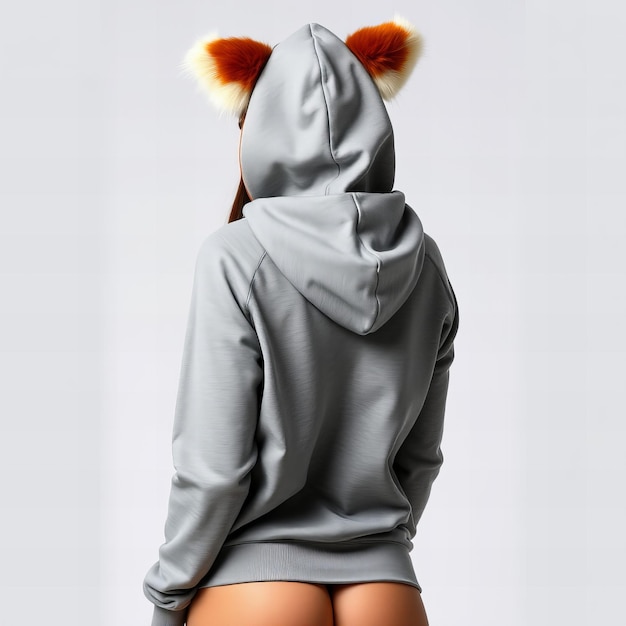 Woman wearing a hoodie with red panda ears