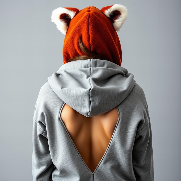 Woman wearing a hoodie with red panda ears