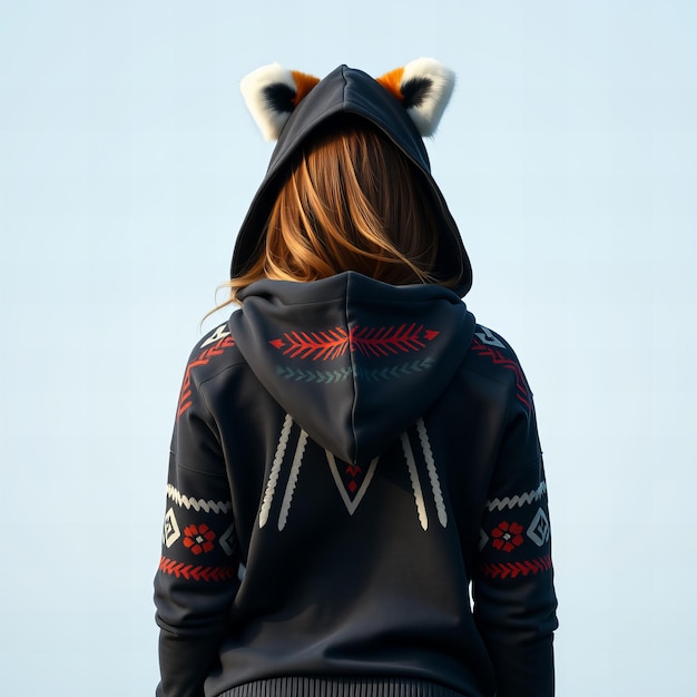 Woman wearing a hoodie with red panda ears