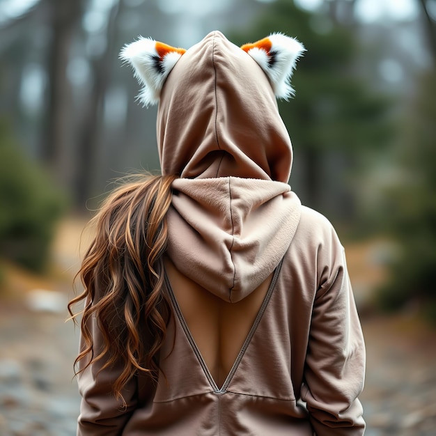 Woman wearing a hoodie with red panda ears