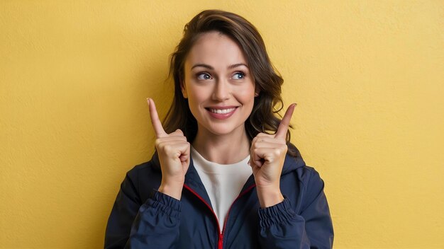 Photo a woman wearing a jacket that says  she is pointing