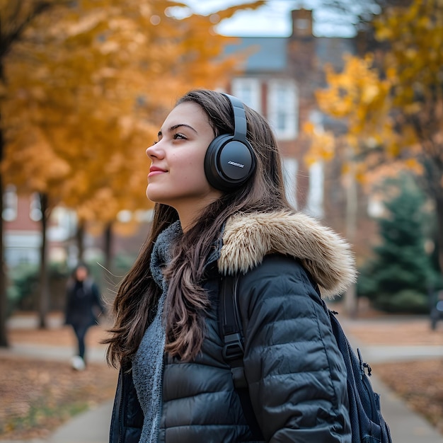 a woman wearing a jacket that says  she is wearing headphones