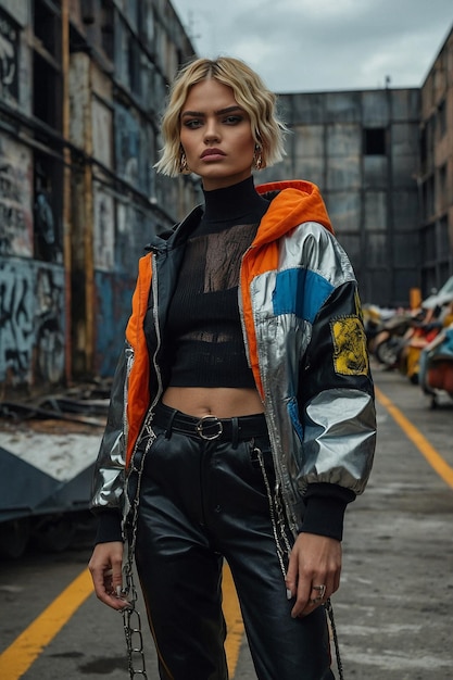 Photo a woman wearing a jacket that says quot supermodel quot is standing on a sidewalk