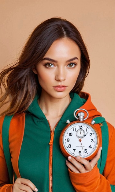 a woman wearing a jacket that says quot time quot on it