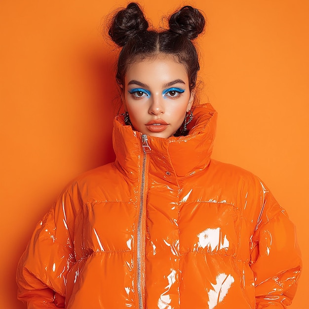 a woman wearing a jacket with blue eyes and a blue eye makeup on her face