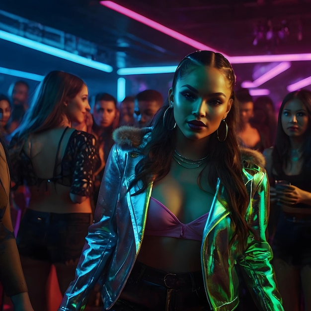 Photo a woman wearing a jacket with a neon light on it