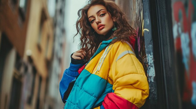 a woman wearing a jacket with the word quot i love quot on it