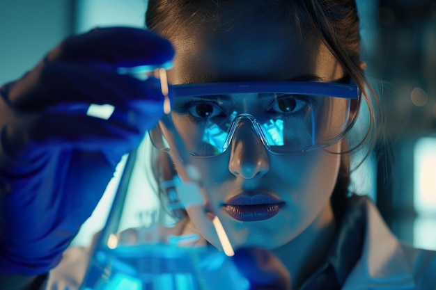 A woman wearing a lab coat and goggles is holding a beaker of blue liquid generative ai image