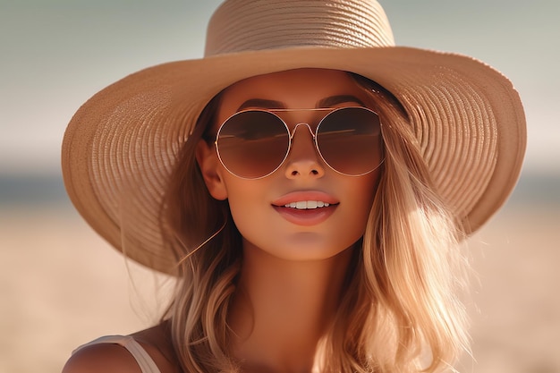 A woman wearing a large hat and sunglasses stands on a beach.