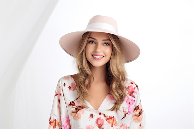 A woman wearing a large hat with a pink flower on it.