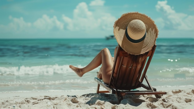 A woman wearing a large sun hat relaxes in a beach chair taking in the serene turquoise waters and white sand