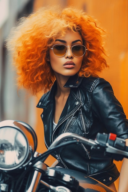 A woman wearing a leather jacket and sunglasses rides a motorcycle.