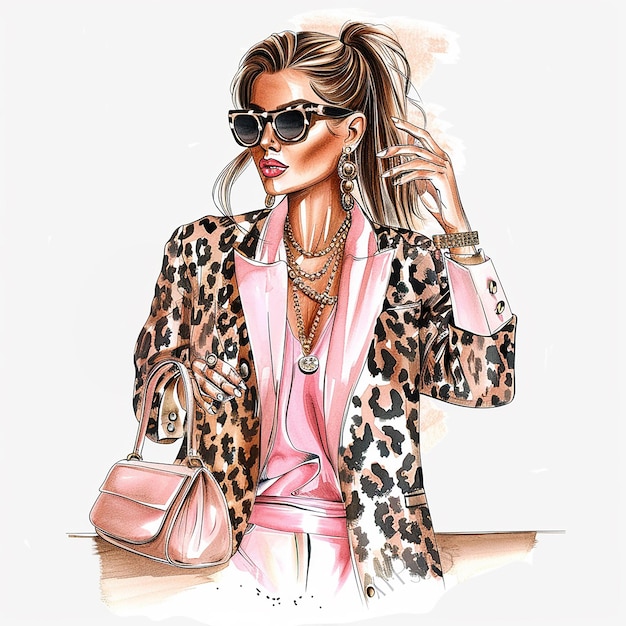 A woman wearing a leopard print jacket and sunglasses is holding a pink purse