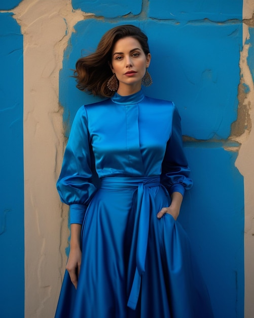 Woman Wearing Long Sleeve Royal Blue Dress