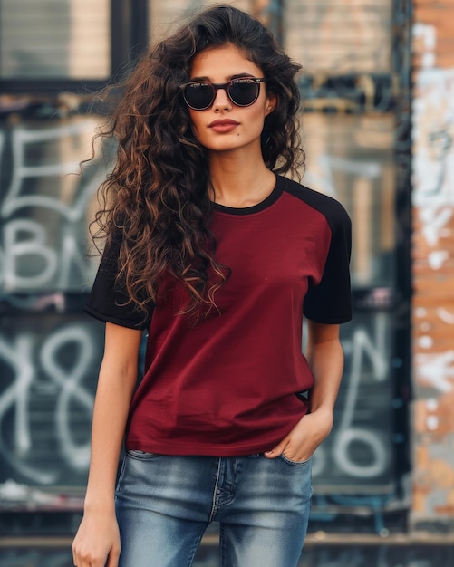 A woman wearing a maroon raglan shirt stands confidently in front of a graffiticovered wall