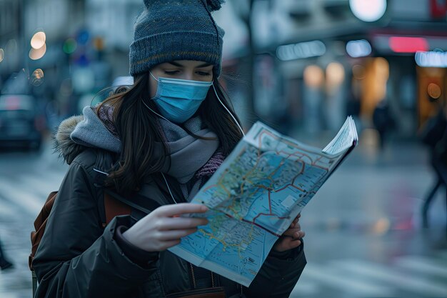 Photo woman wearing mask reading map