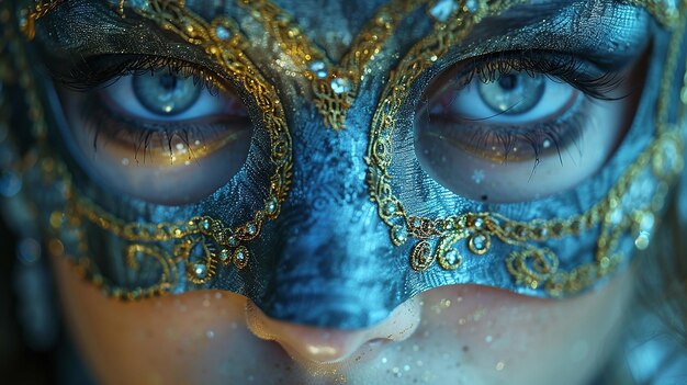 a woman wearing a mask that says  blue eyes