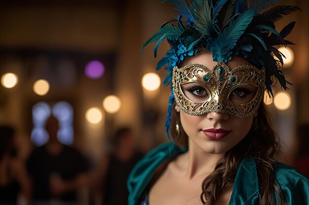 Photo a woman wearing a mask with a blue feathered mask