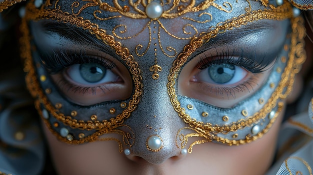 a woman wearing a mask with the eyes painted in gold