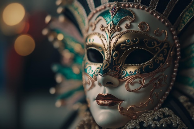 A woman wearing a mask with gold and green colors and gold accents.