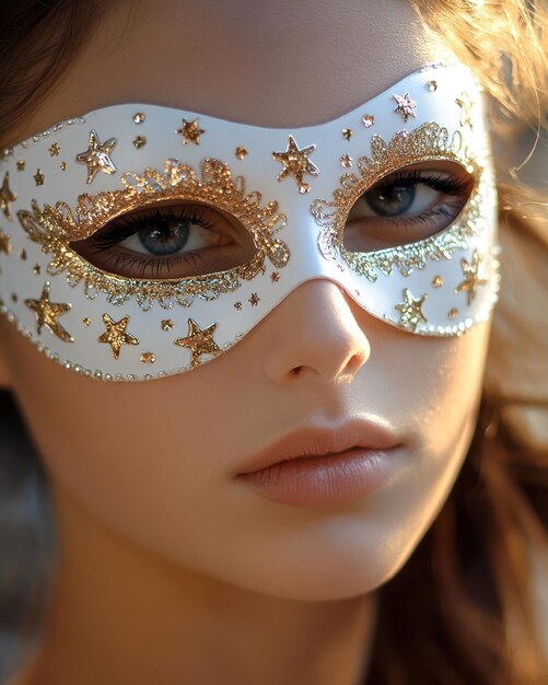 Photo a woman wearing a mask with gold stars on her face