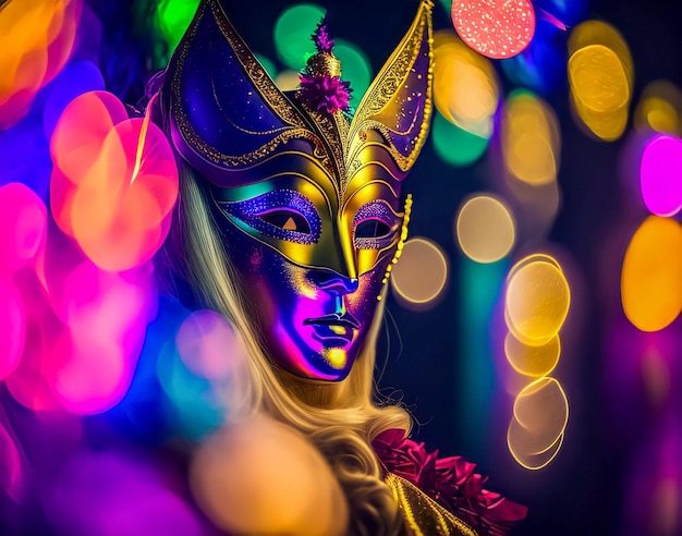 A woman wearing a mask with a purple and orange background and lights in the background.