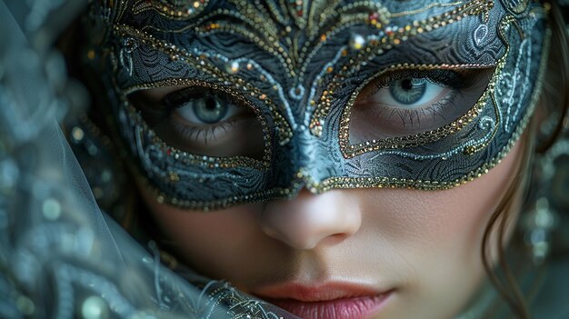 a woman wearing a mask with the word  blue  on it