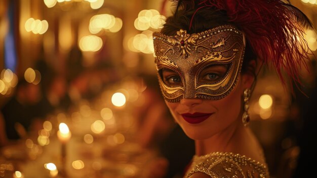 Photo a woman wearing a masquerade mask in a room full of people at a party generative ai