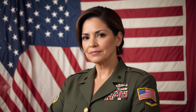 A woman wearing a military uniform standing in front of an American flag