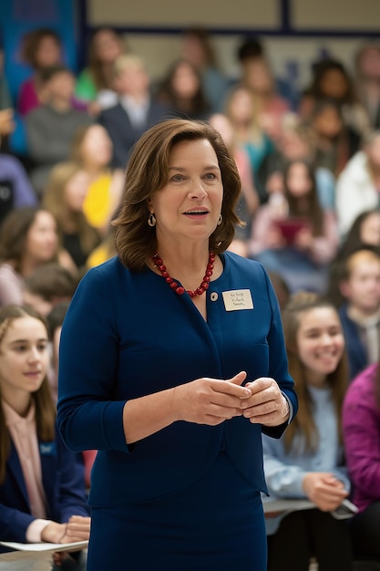 a woman wearing a name tag that says quot she is speaking quot