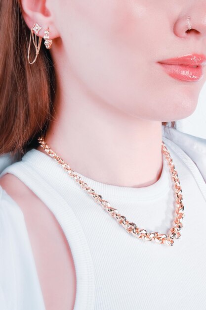 A woman wearing a necklace from the brand's collection.